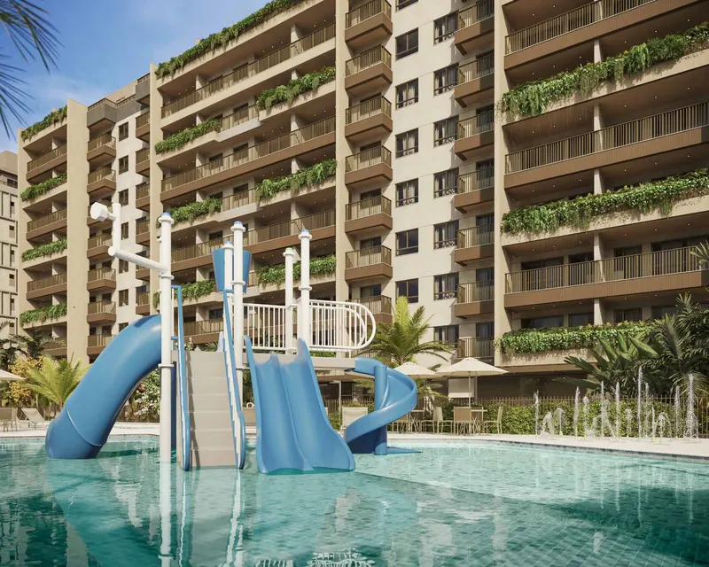 Piscina infantil com parque aquático e splash pad do Green View Barra