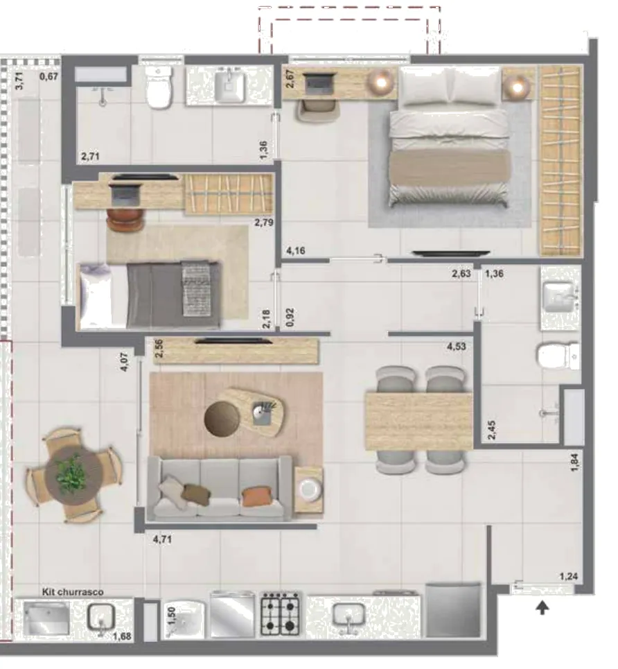 Planta do apartamento de 2 quartos de 71,20 m² do Bloco 1 do Green View Barra
