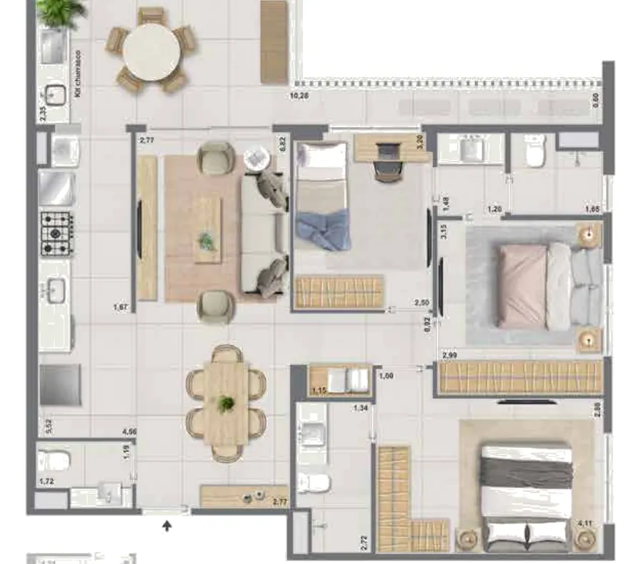 Planta do apartamento de 3 quartos de 98,34 m² do Bloco 2 do Green View Barra