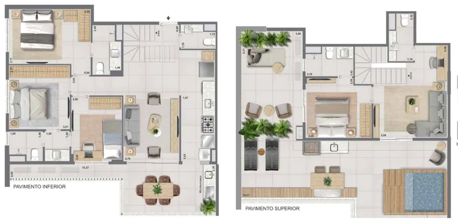 Planta da cobertura duplex de 4 quartos de 194,48 m² do Bloco 4 do Green View Barra, pavimentos inferior e superior