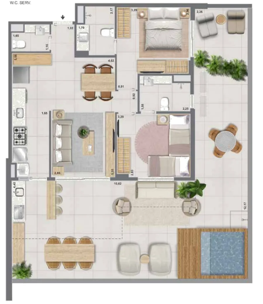 Planta do garden de 2 quartos de 135,96 m² do Bloco 2 do Green View Barra, com piscina privativa
